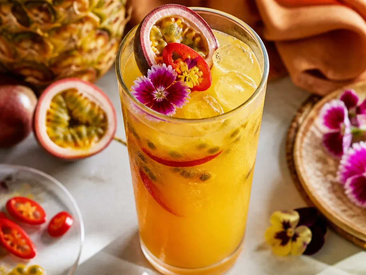 Bold passion fruit-chili cooler in a chili-lime salt-rimmed glass