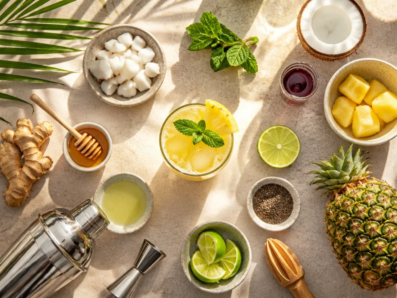 Frozen fruit chunks, coconut cream and blending tools laid out for making tropical drinks