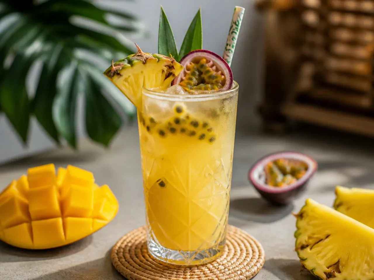 A garnish tray with pineapple wedges, lime wheels, cherries and cocktail umbrellas