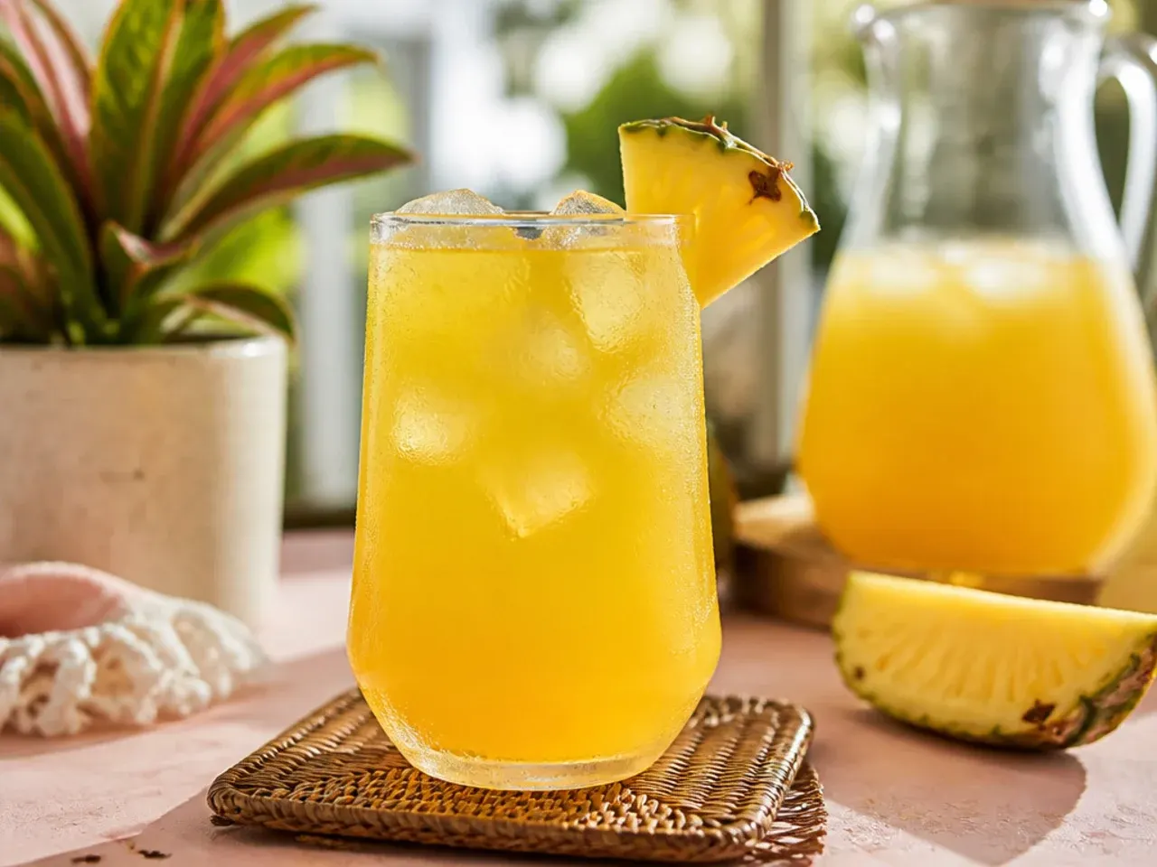 Large glass pitchers of pre-batched tropical mocktail bases lined up on a table