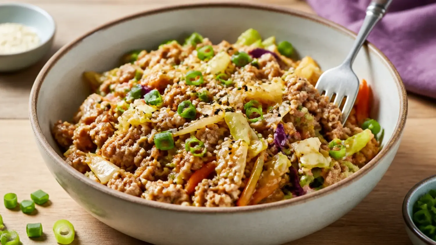 A skillet of turkey egg roll in a bowl with browned ground turkey, shredded cabbage and carrots, topped with sesame seeds and sliced spring onions