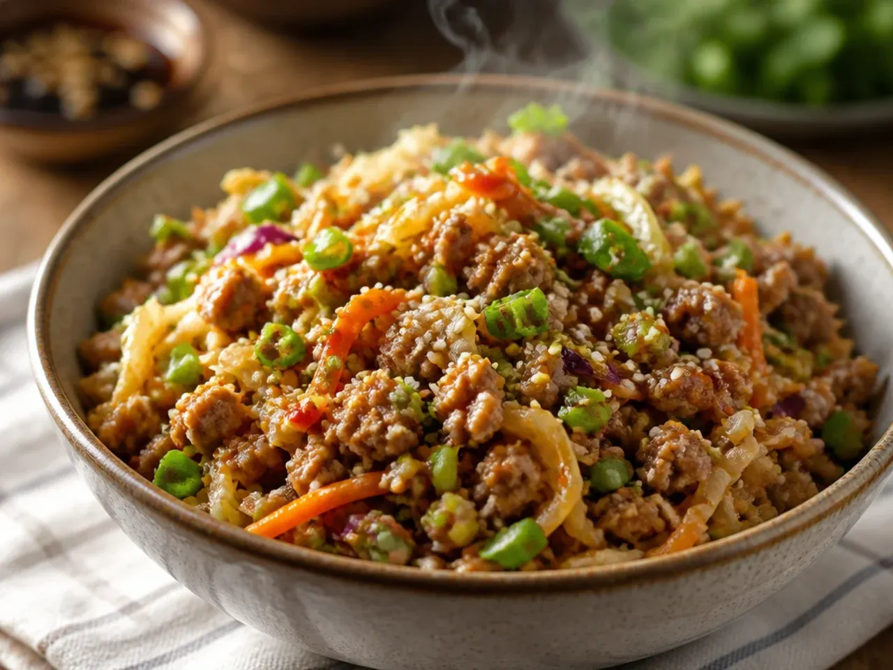 Overhead shot of a bowl of turkey egg roll in a bowl garnished with sesame seeds and spring onion