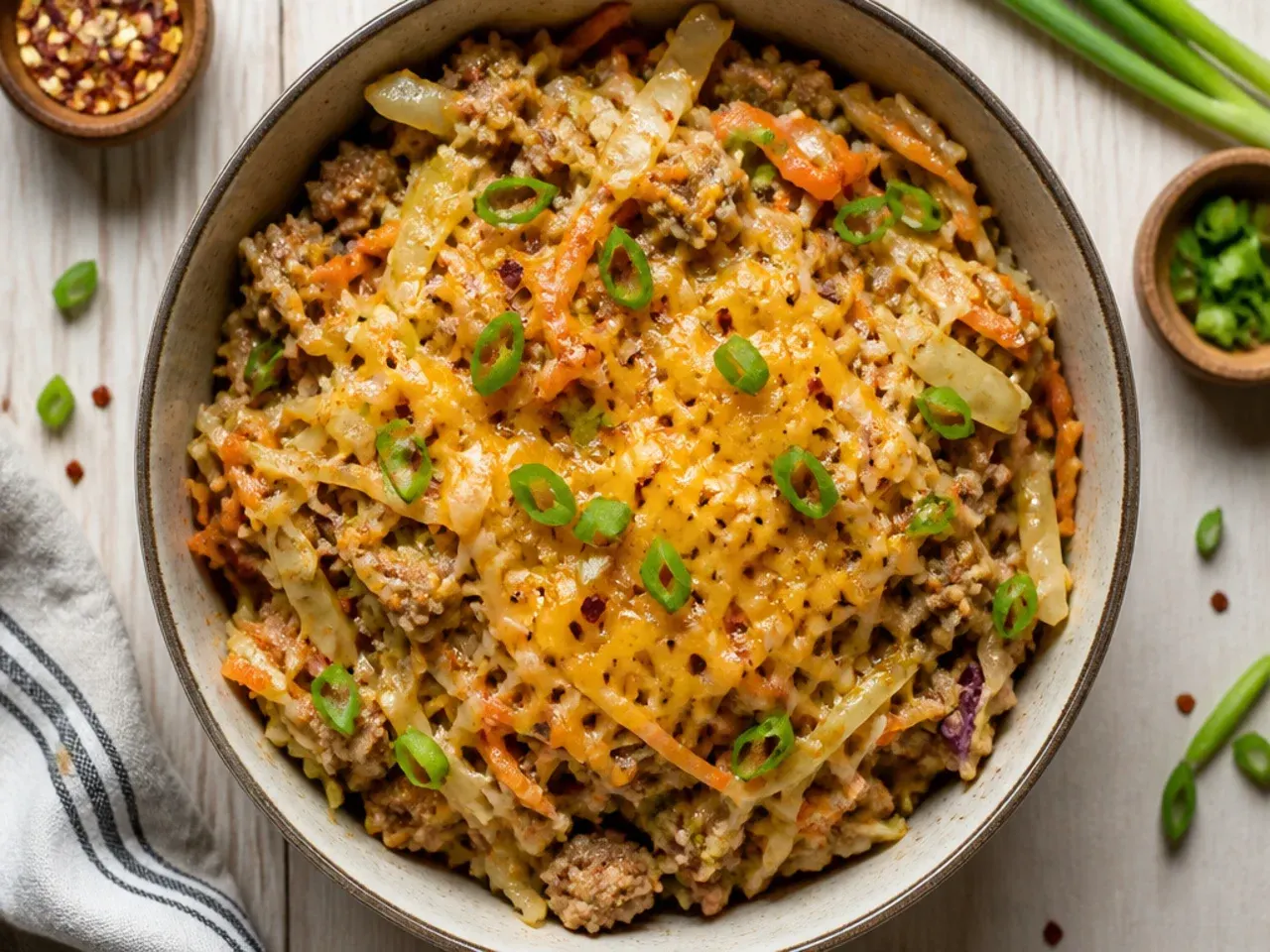 Classic turkey egg roll in a bowl with browned turkey and shredded cabbage in a cast iron skillet