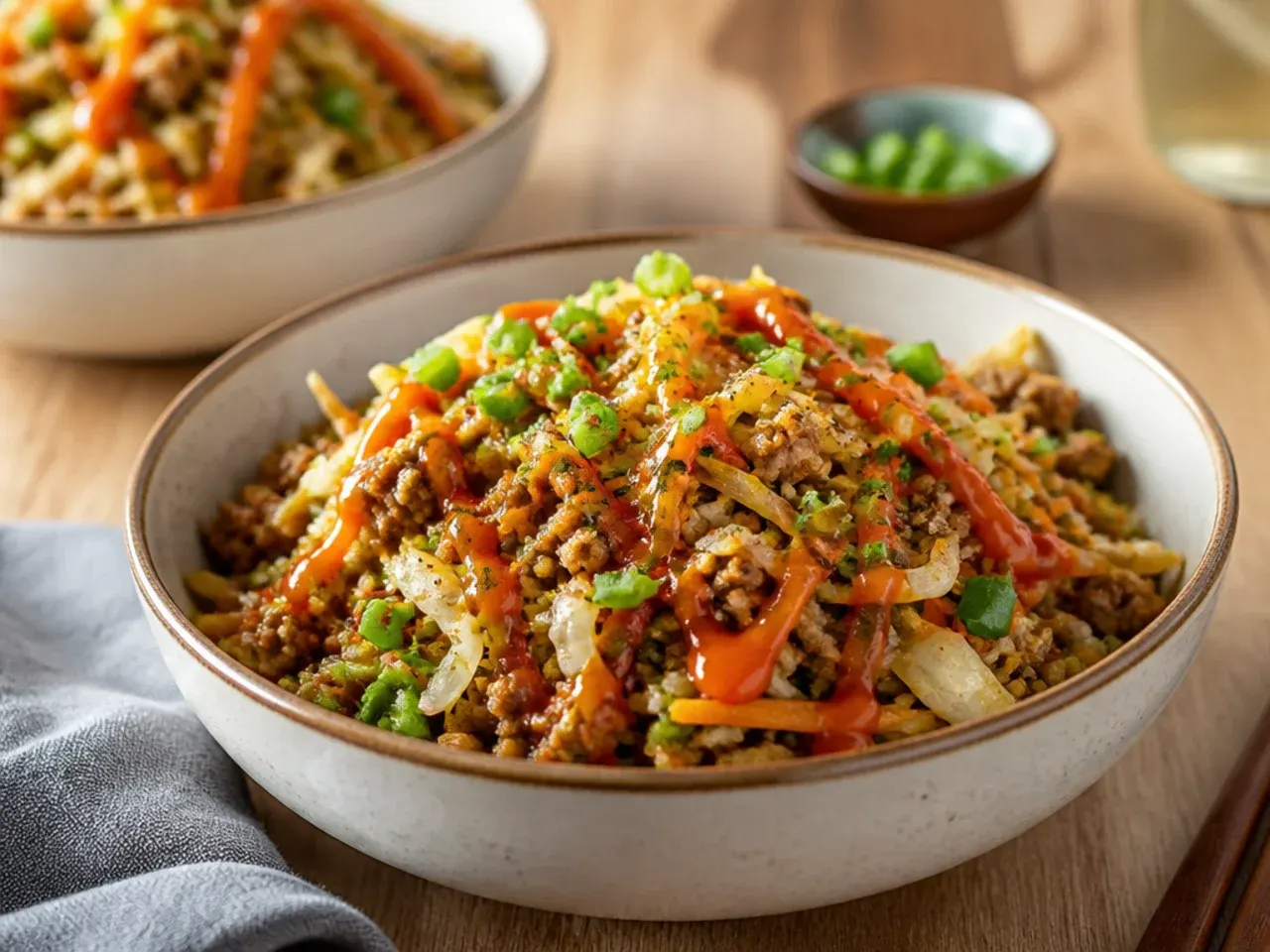 Quick weeknight turkey egg roll in a bowl made with pre-shredded coleslaw mix