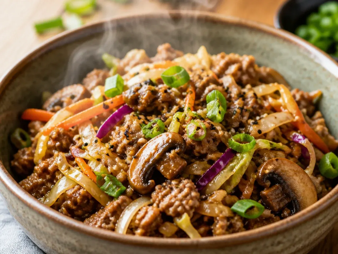 Turkey egg roll in a bowl with sliced mushrooms stirred through the cabbage and turkey