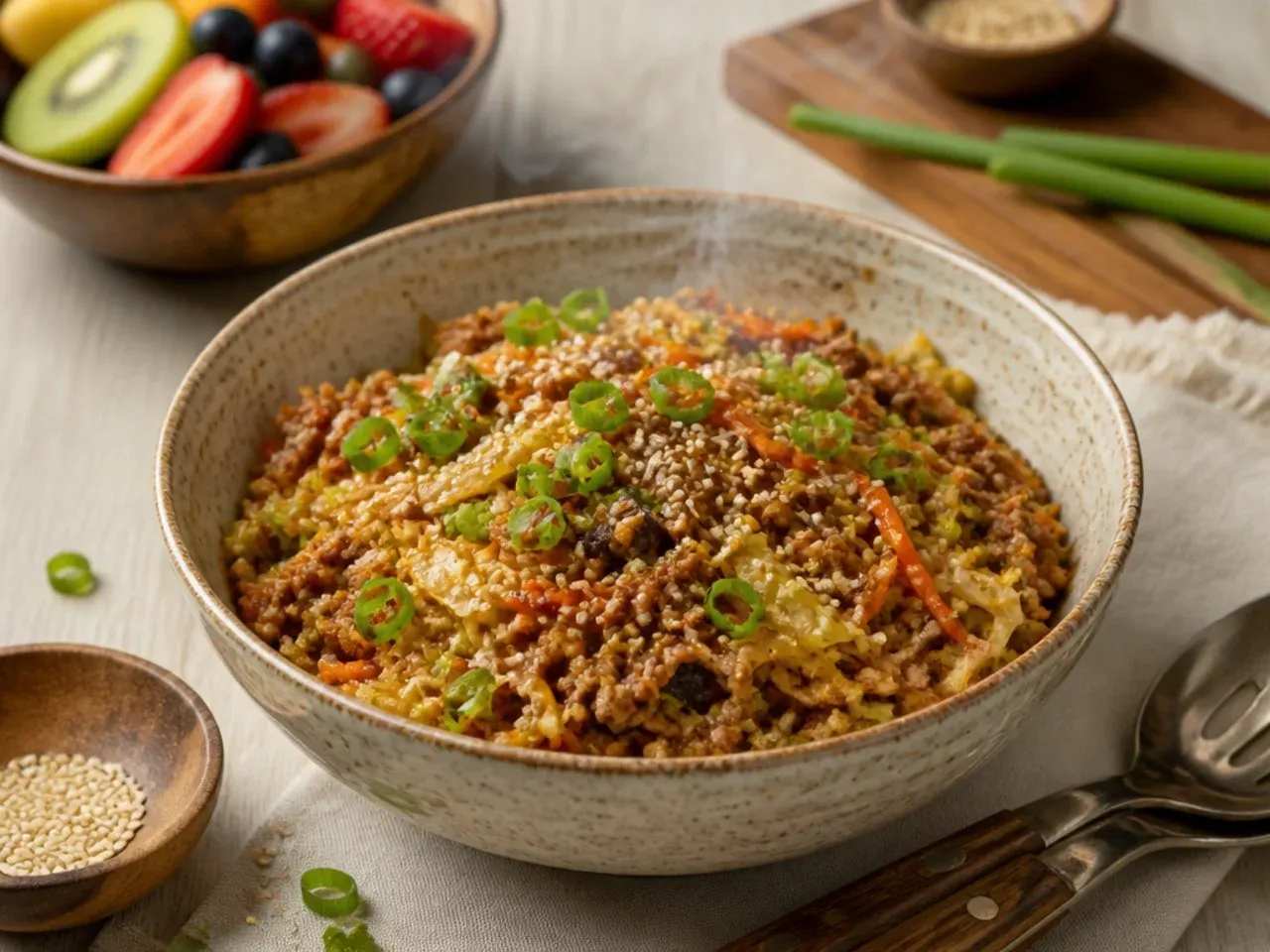 Simple five-ingredient turkey egg roll in a bowl in a white serving dish