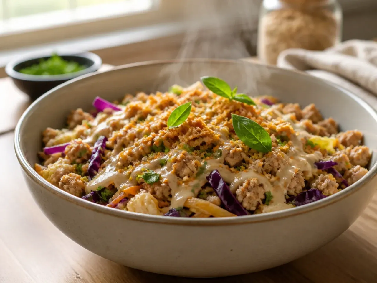 Turkey egg roll in a bowl drizzled with a creamy spicy mayo sauce