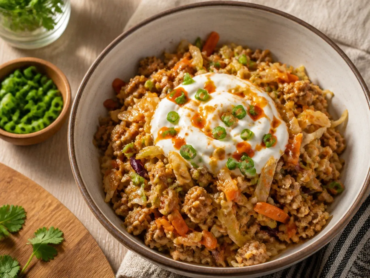 Loaded turkey egg roll in a bowl with water chestnuts, red pepper and peas