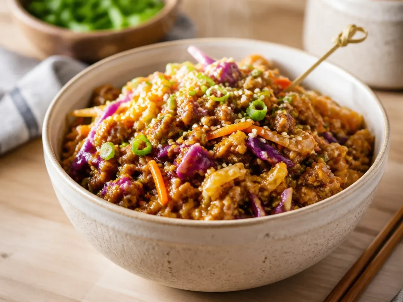 Glossy sticky ginger garlic turkey egg roll in a bowl close up