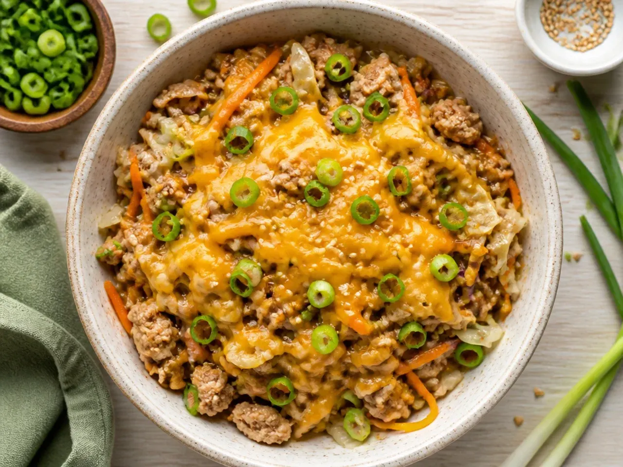 Budget friendly turkey egg roll in a bowl made with a whole shredded cabbage