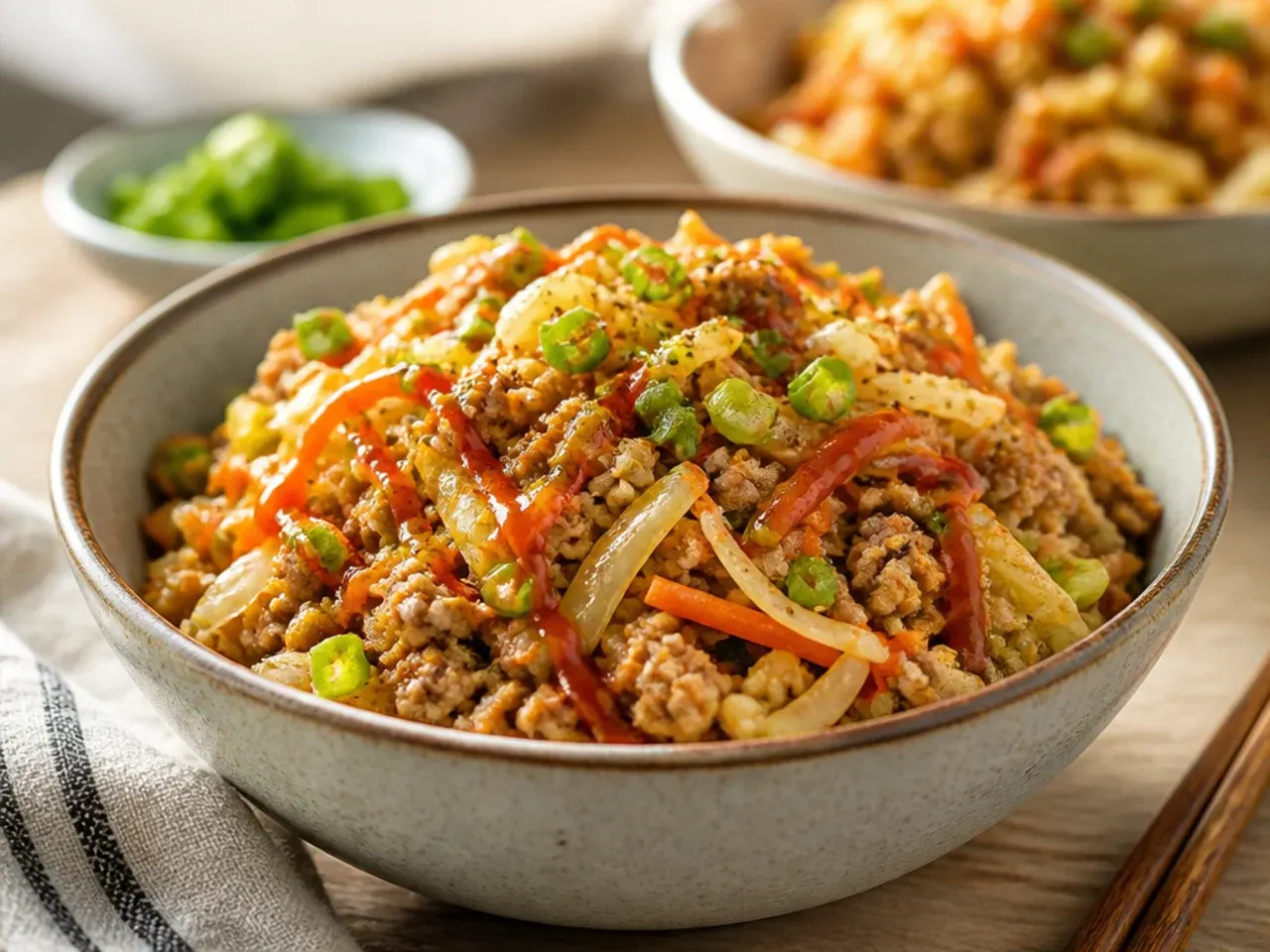 Turkey egg roll in a bowl toppings bar with rice, sauces and garnishes laid out