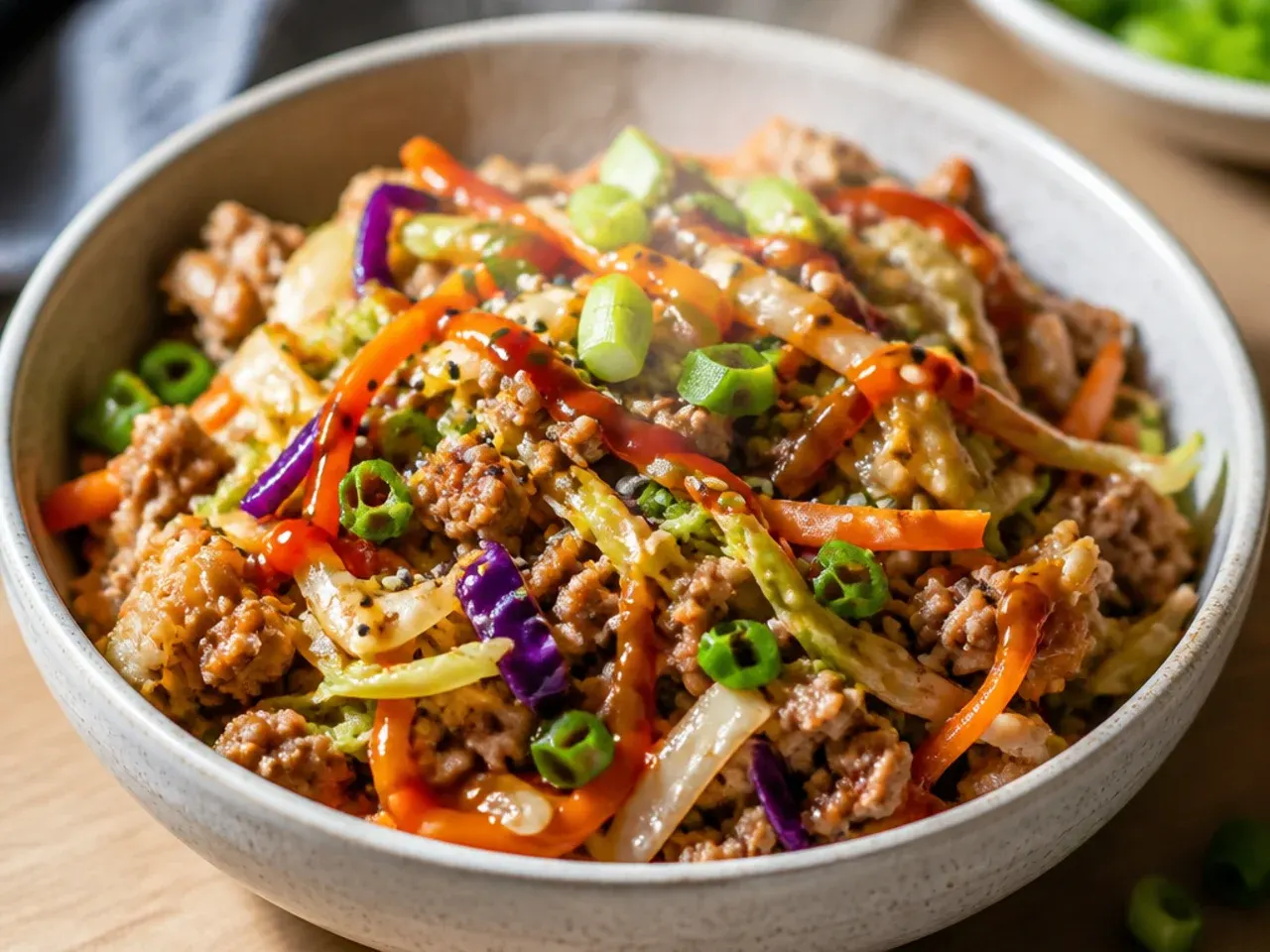 Meal prep containers of make-ahead turkey egg roll in a bowl with rice on the side