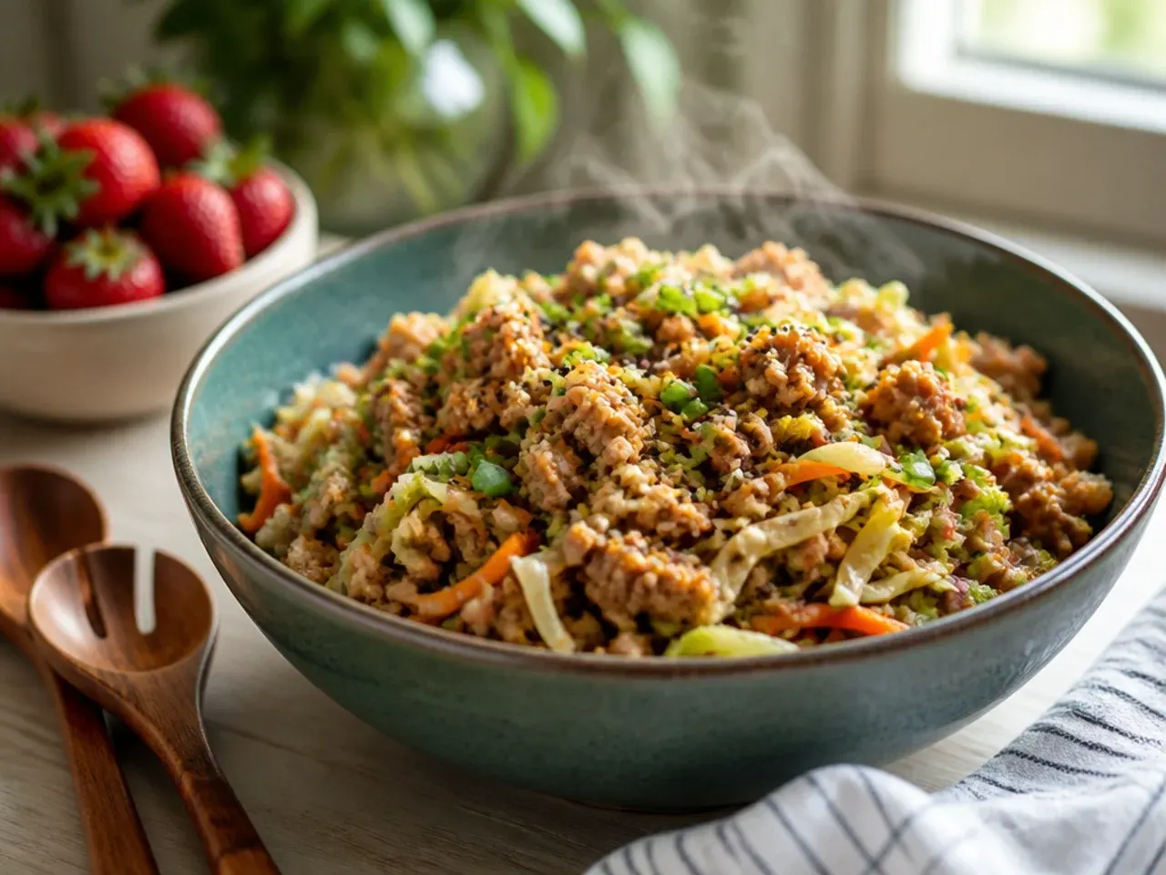 Family style turkey egg roll in a bowl served over rice for kids