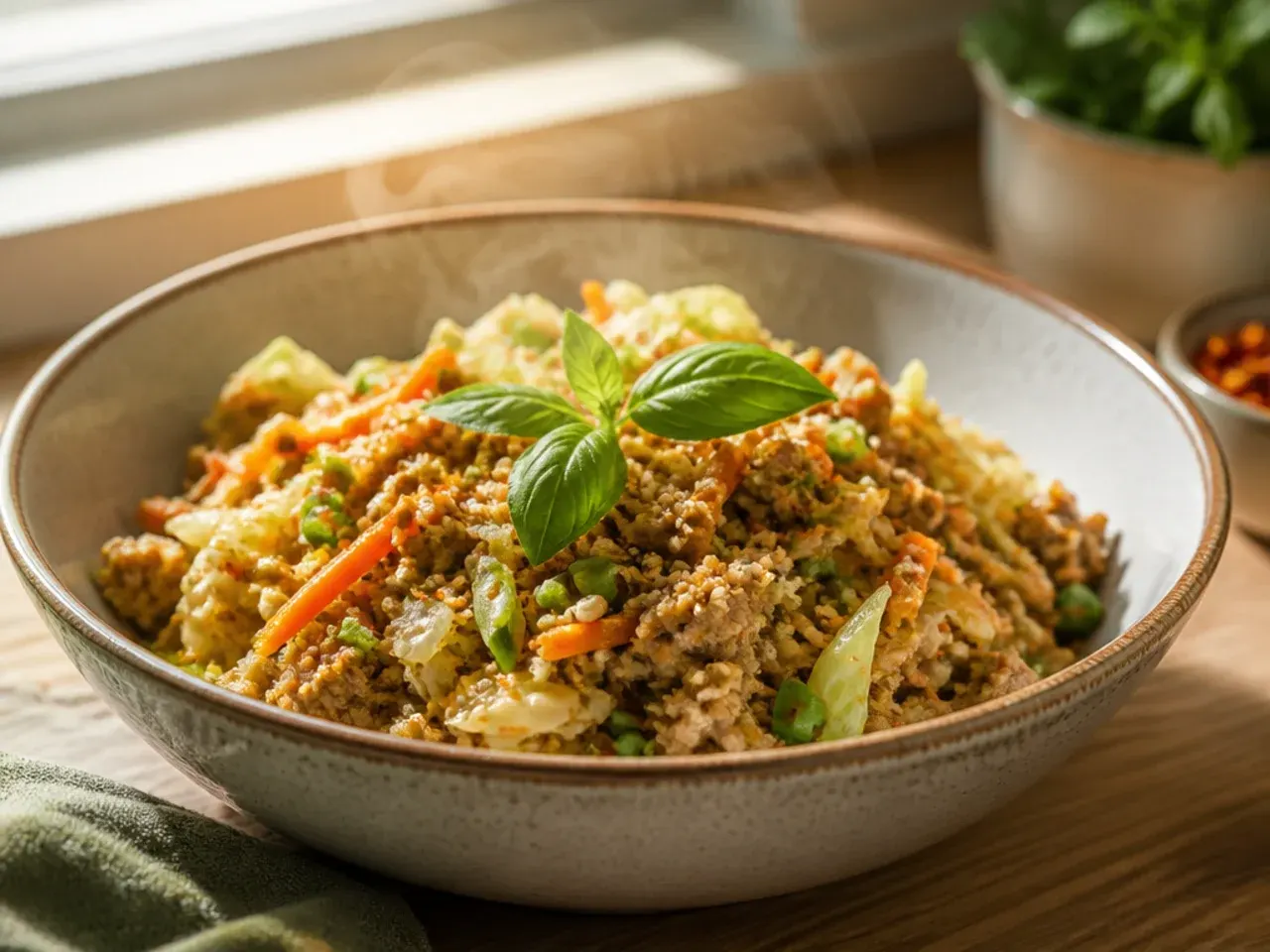 Festive turkey egg roll in a bowl with colourful peppers and pomegranate garnish