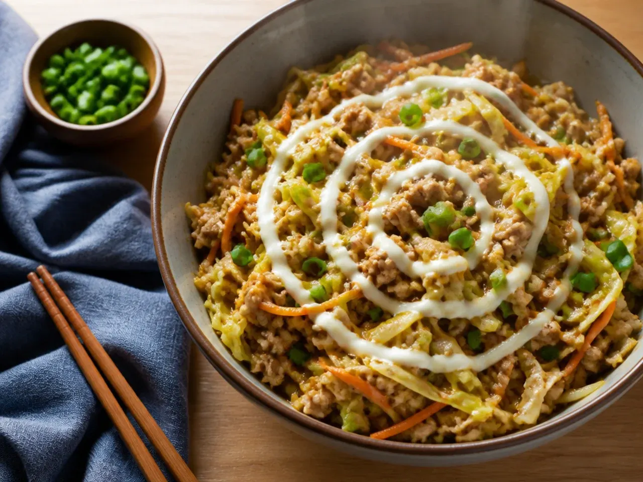 Quick 15 minute turkey egg roll in a bowl cooked in a wide skillet