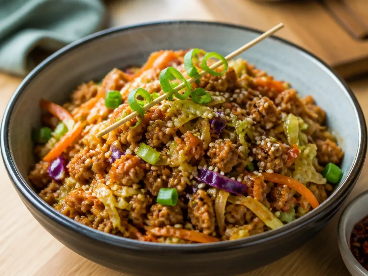 Homemade turkey egg roll in a bowl with a scratch-made soy ginger sauce