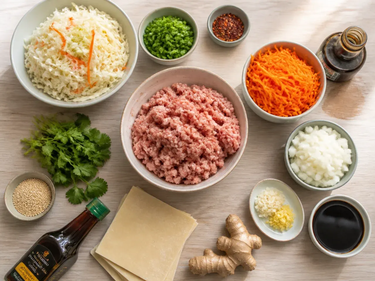Close up of hands grating fresh ginger over a pan of turkey egg roll in a bowl