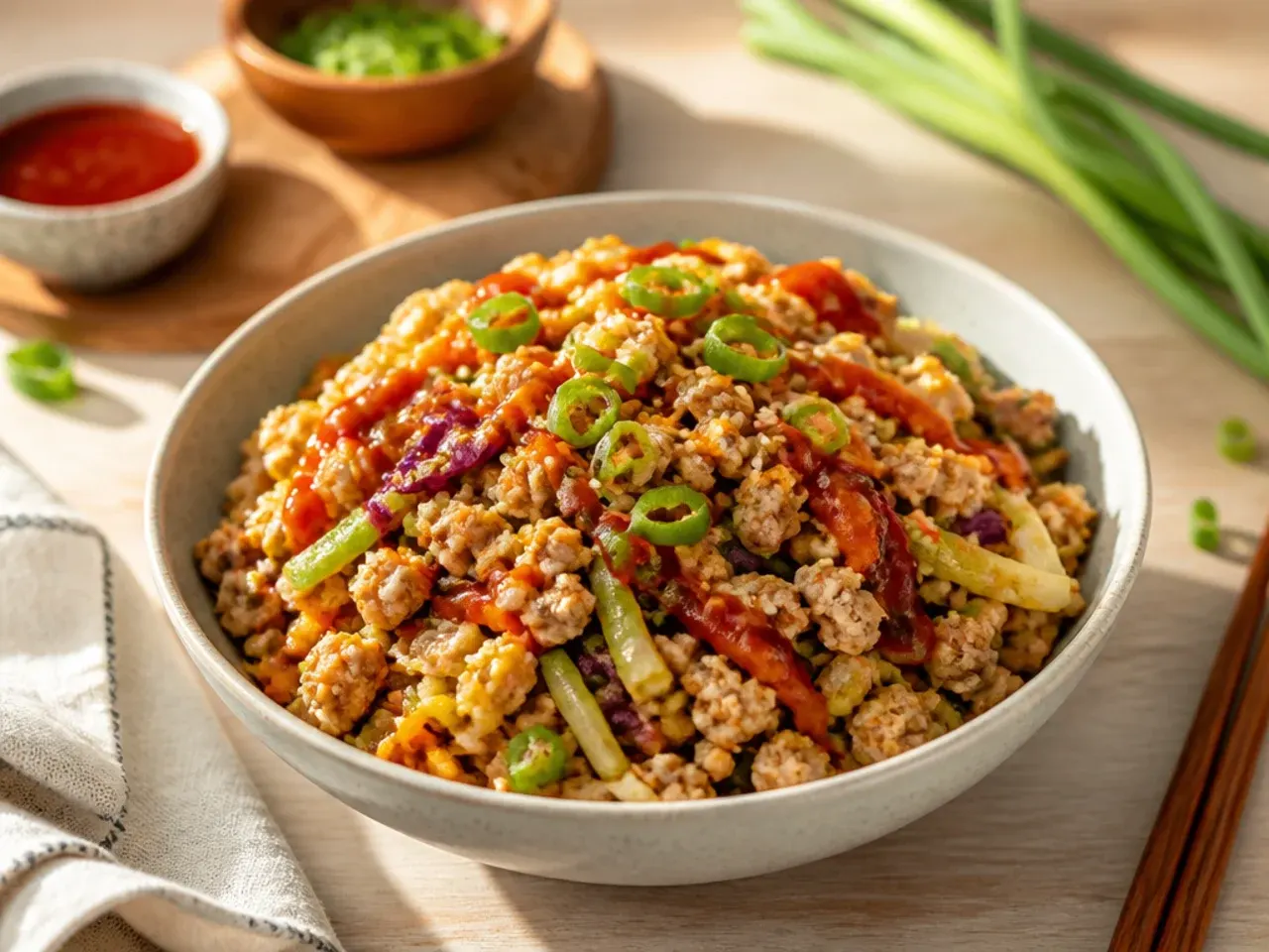 Turkey egg roll in a bowl served over rice with sesame seeds and spring onion garnish