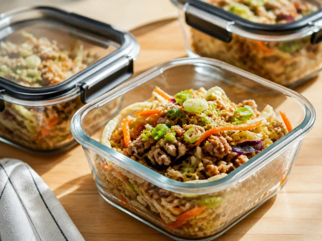 Container of leftover turkey egg roll in a bowl being reheated in a skillet