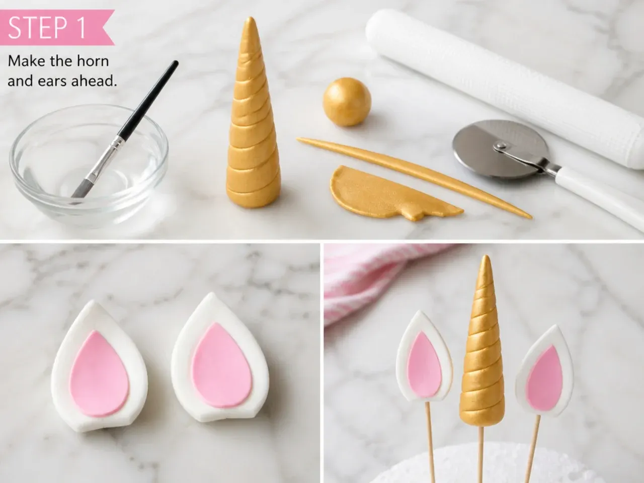 unicorn birthday cake — step 1: make the horn and ears ahead