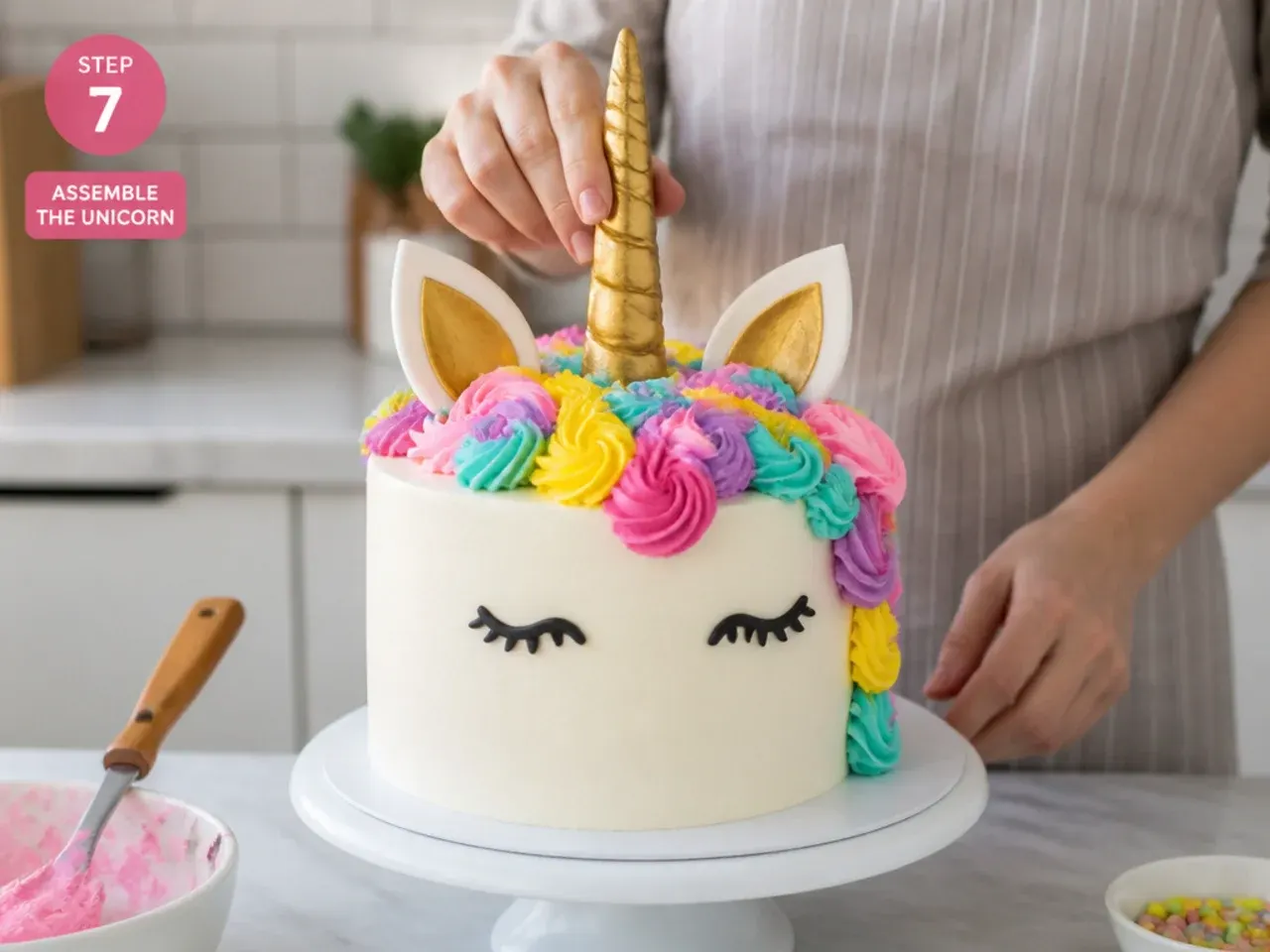 unicorn birthday cake — step 7: assemble the unicorn