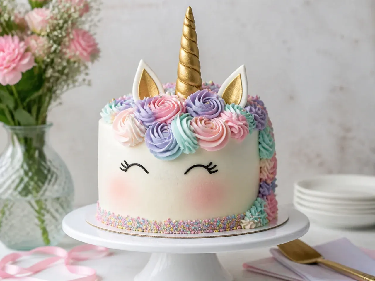 Classic pastel mane unicorn birthday cake with gold horn and piped rosettes