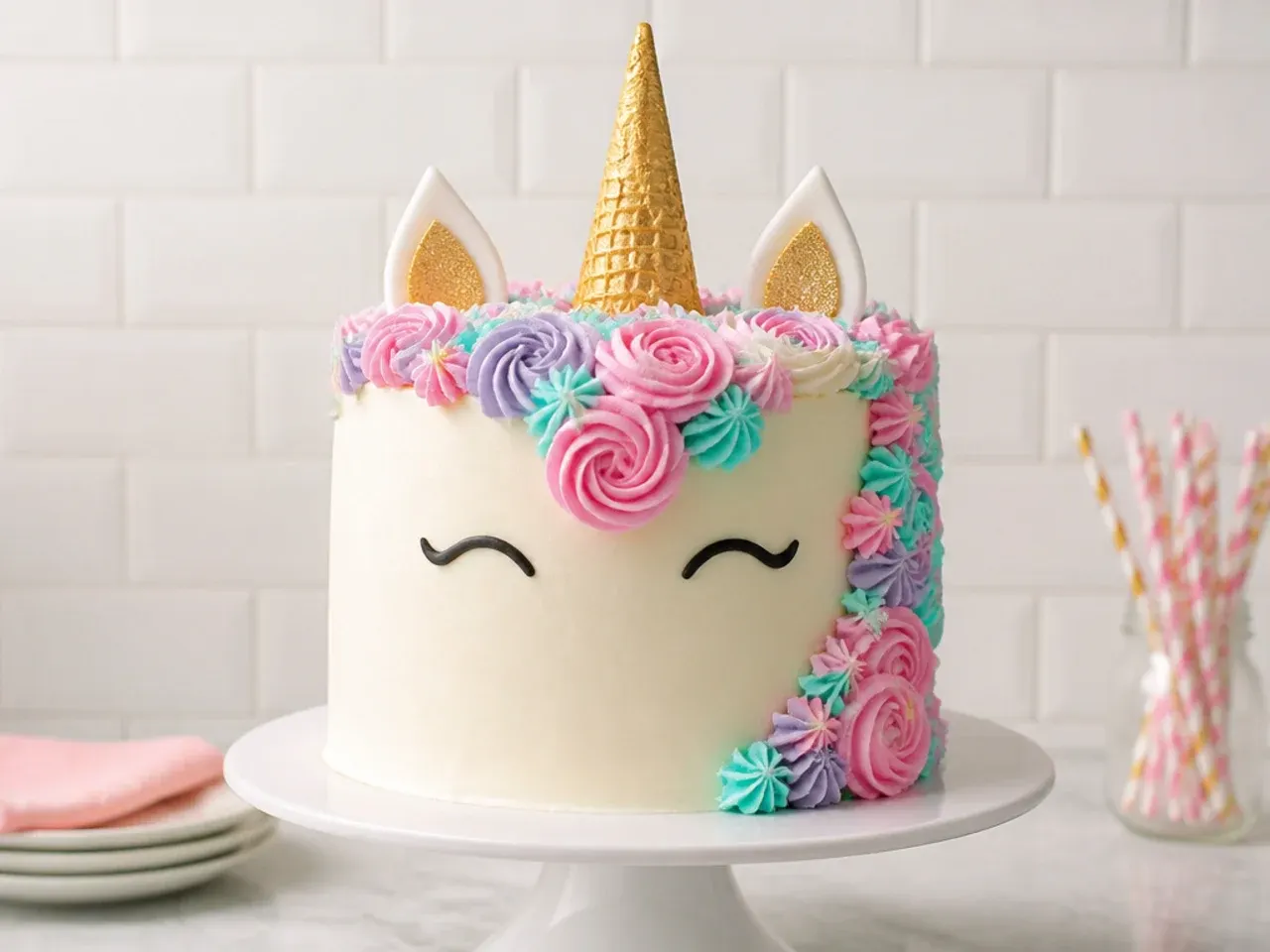 No-fondant unicorn cake using a gold ice cream cone as the horn