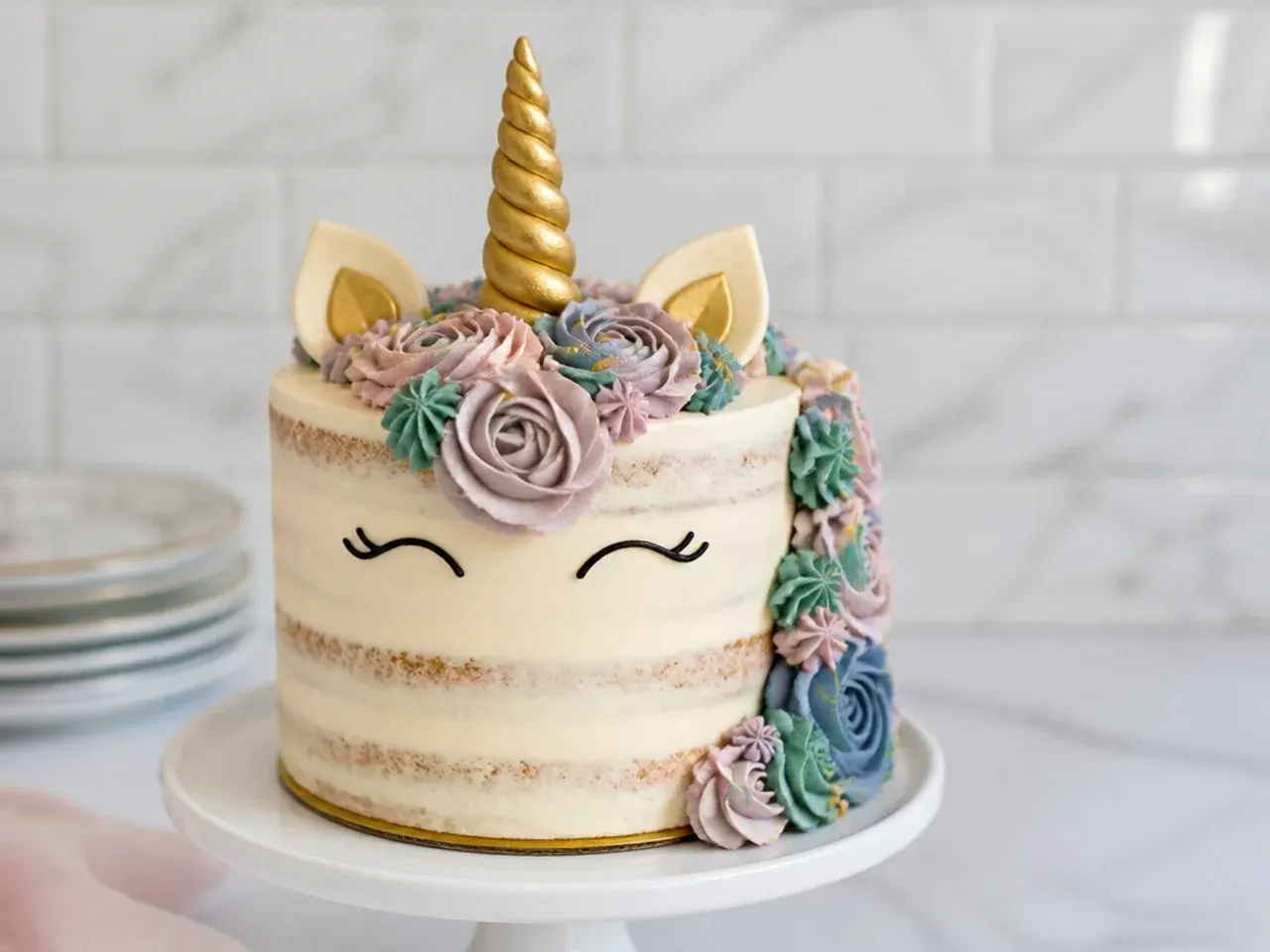 Elegant semi-naked unicorn birthday cake with exposed sponge and muted mane