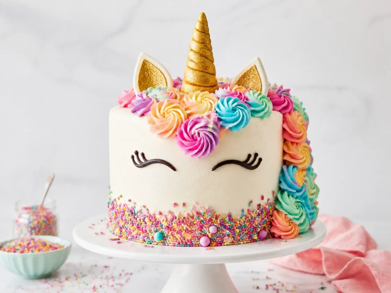 Playful rainbow sprinkle unicorn birthday cake with confetti sponge and bright mane