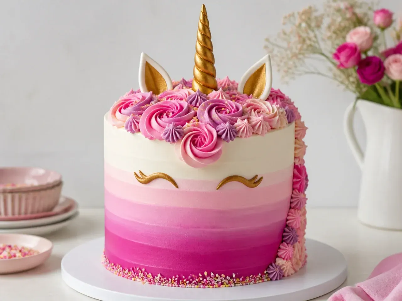 Modern ombre buttercream unicorn cake fading from magenta to white