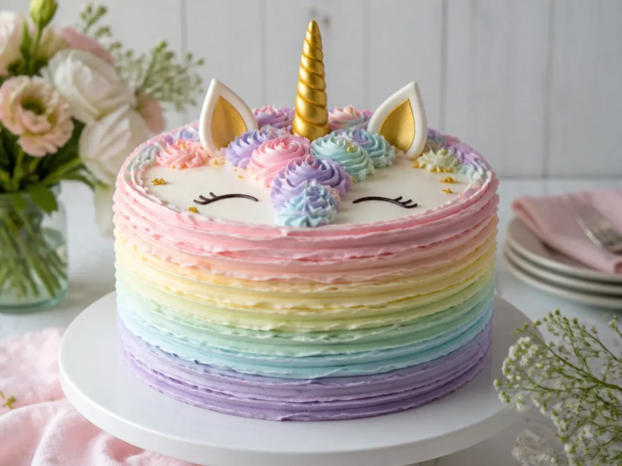 Rustic ruffle unicorn birthday cake with textured buttercream sides