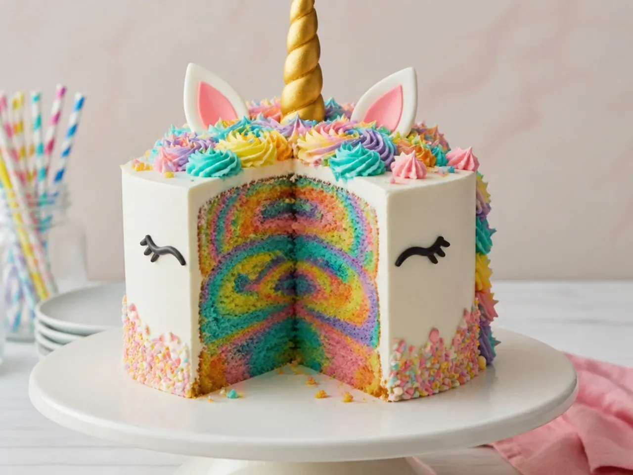 Tie-dye surprise-inside unicorn cake with rainbow swirled sponge revealed