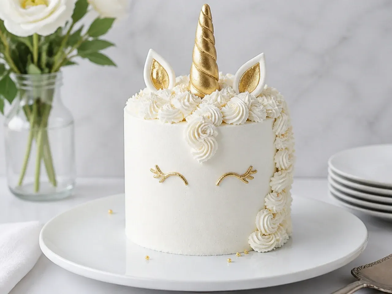 Minimal white-on-white unicorn birthday cake with textured mane and gold horn