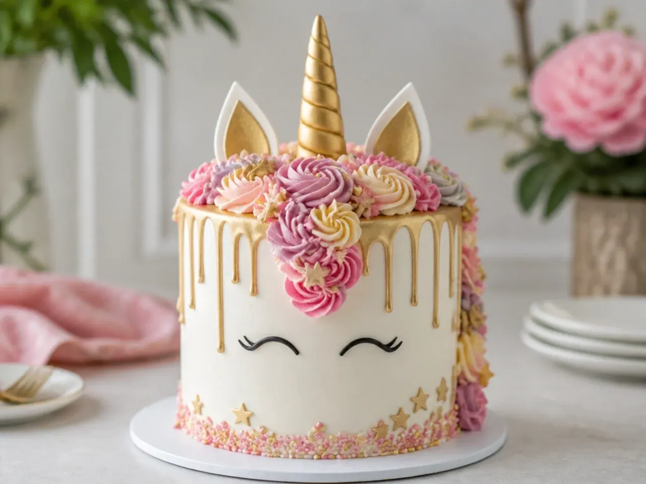 Festive gold drip unicorn birthday cake with metallic ganache drips