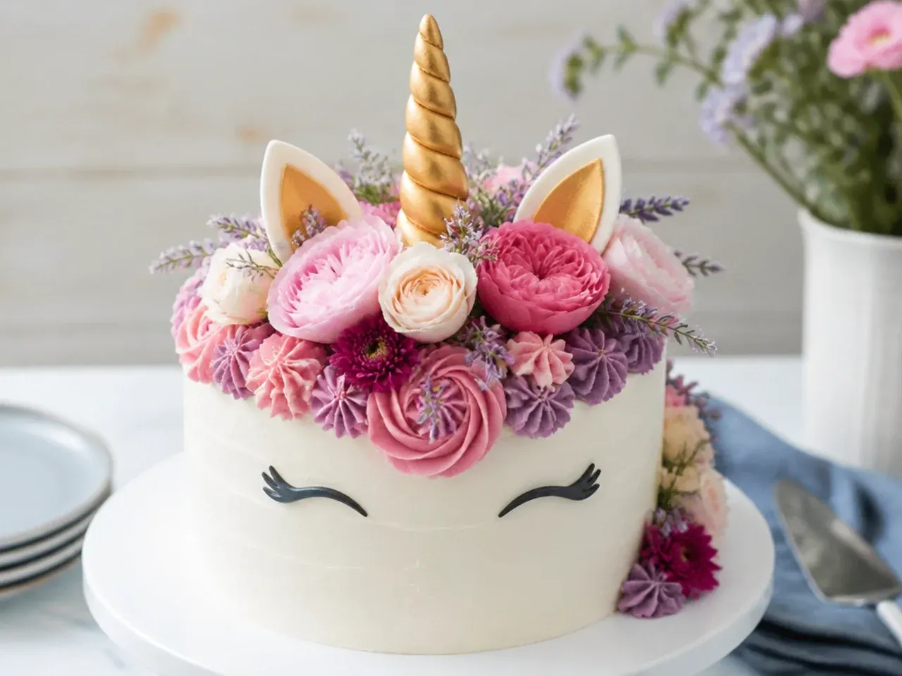 Whimsical floral crown unicorn cake with piped and fresh flowers