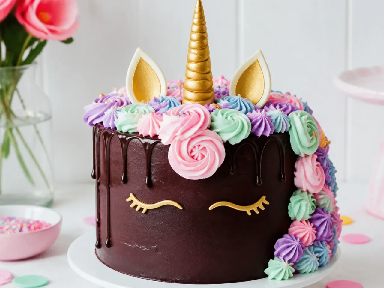 Bold chocolate unicorn birthday cake with dark ganache and pastel mane