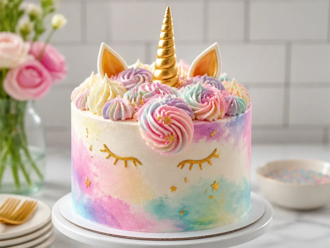 Delicate watercolor buttercream unicorn cake with soft painted pastel sides