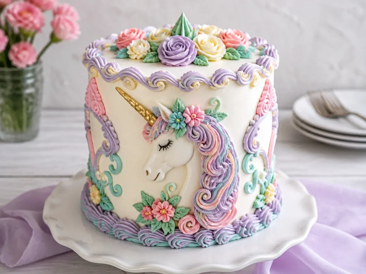 Vintage Lambeth piped unicorn birthday cake with ornate scrollwork borders