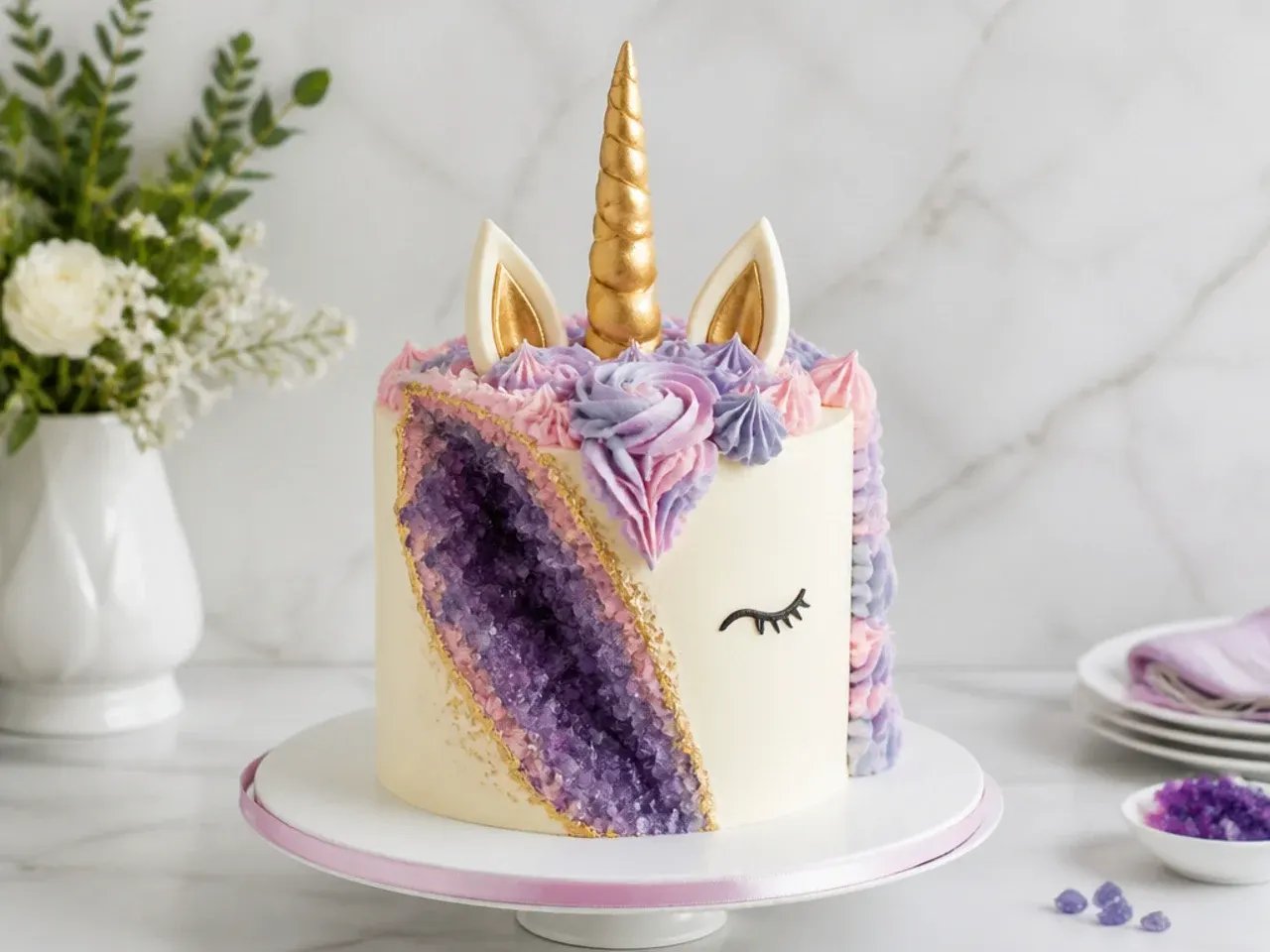 Creative geode unicorn cake with amethyst rock candy crystals set into the side