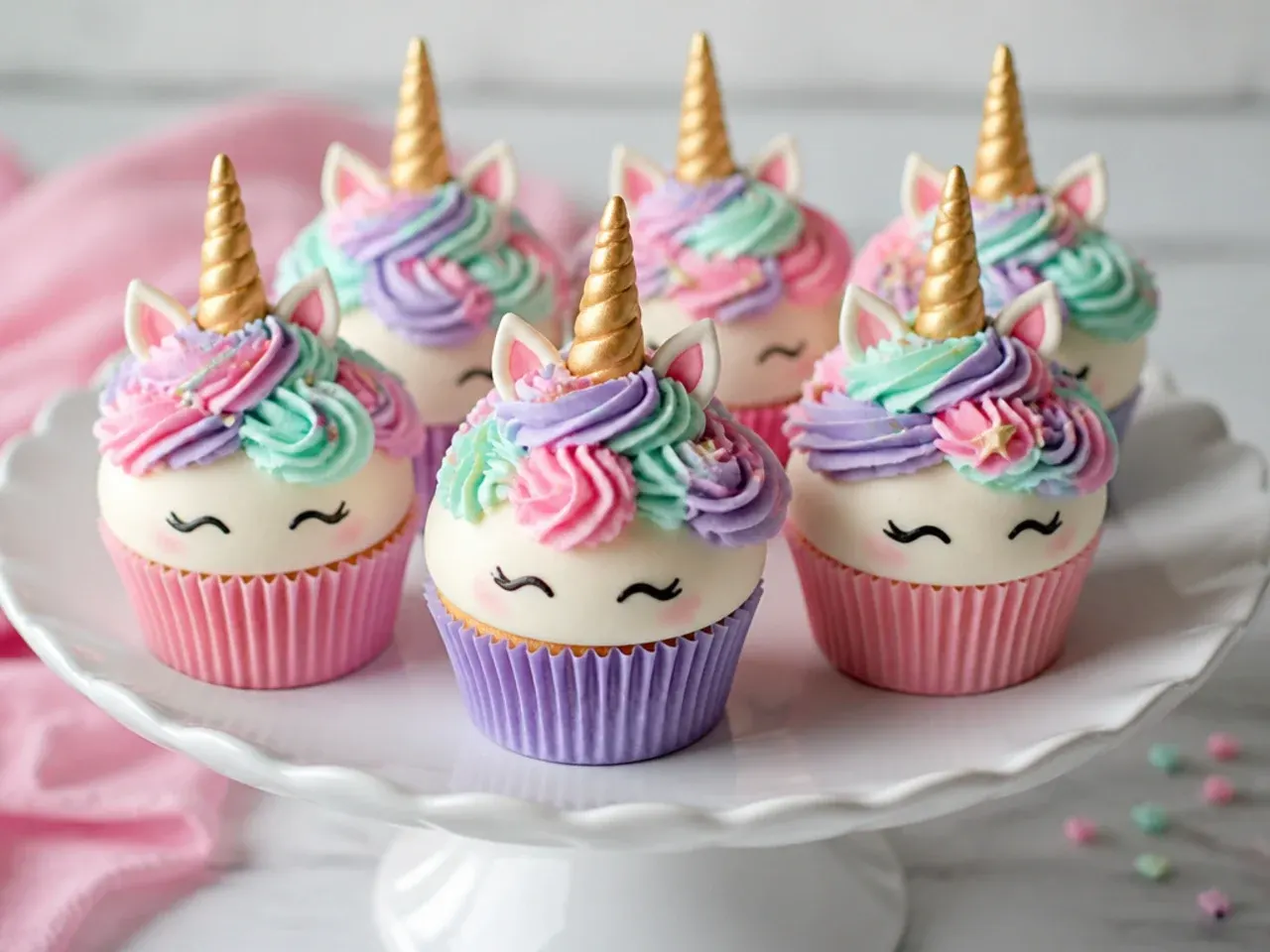 Charming mini unicorn cupcakes each with a small mane, horn, and ears