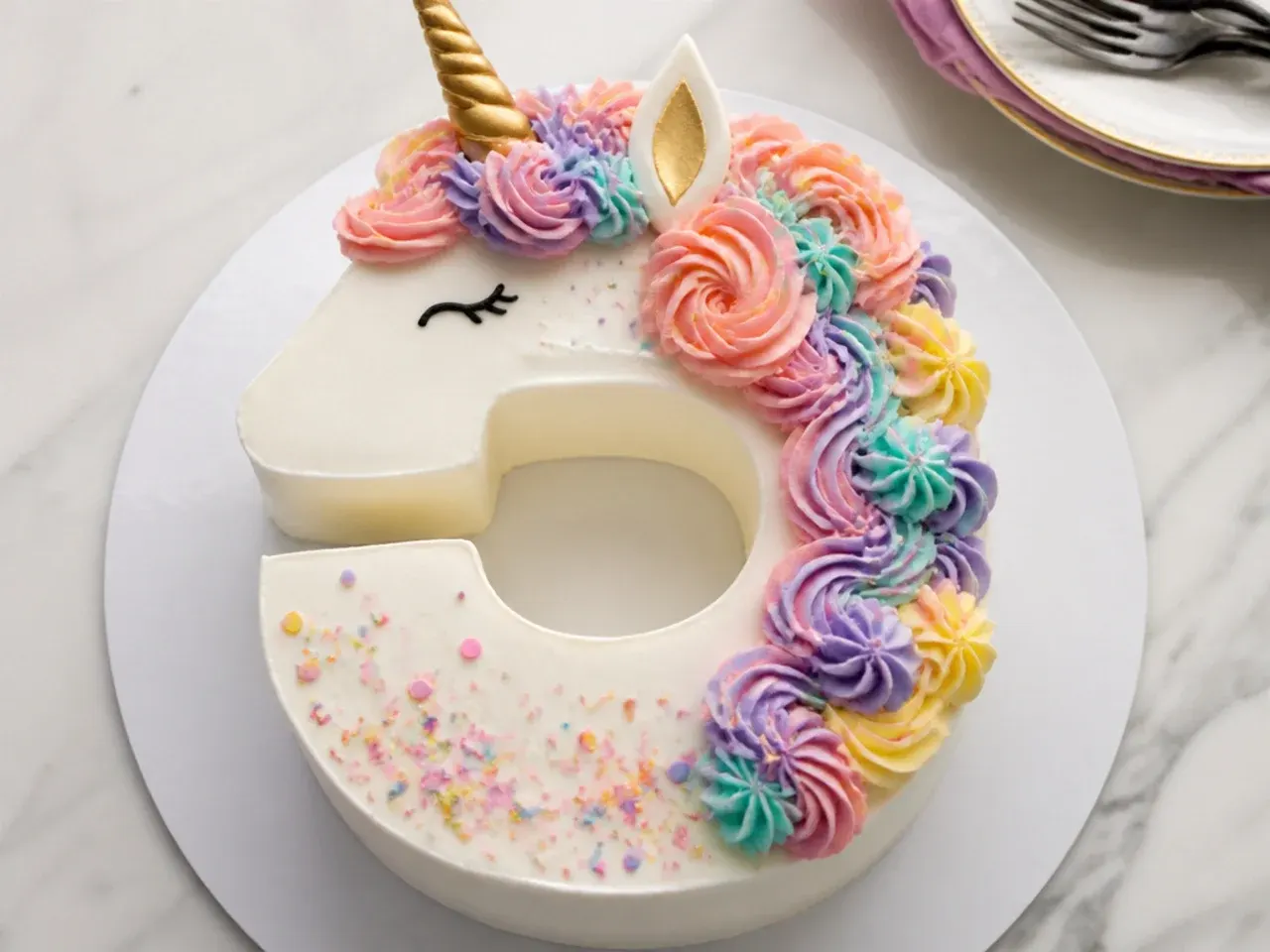 Classic number-shaped unicorn birthday cake with mane piped along the number