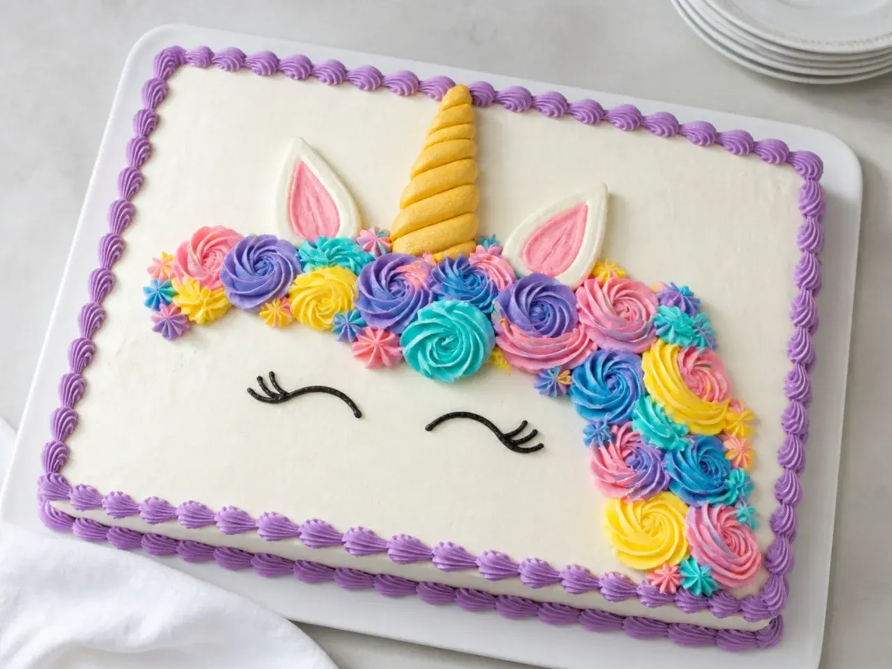 Easy sheet cake with a flat piped unicorn face and mane design