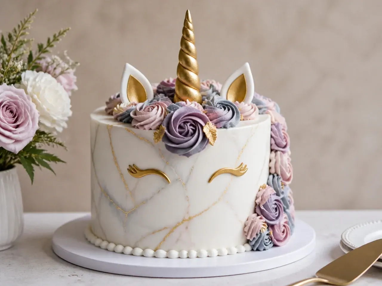 Elegant marble buttercream unicorn cake with gold veining and muted mane