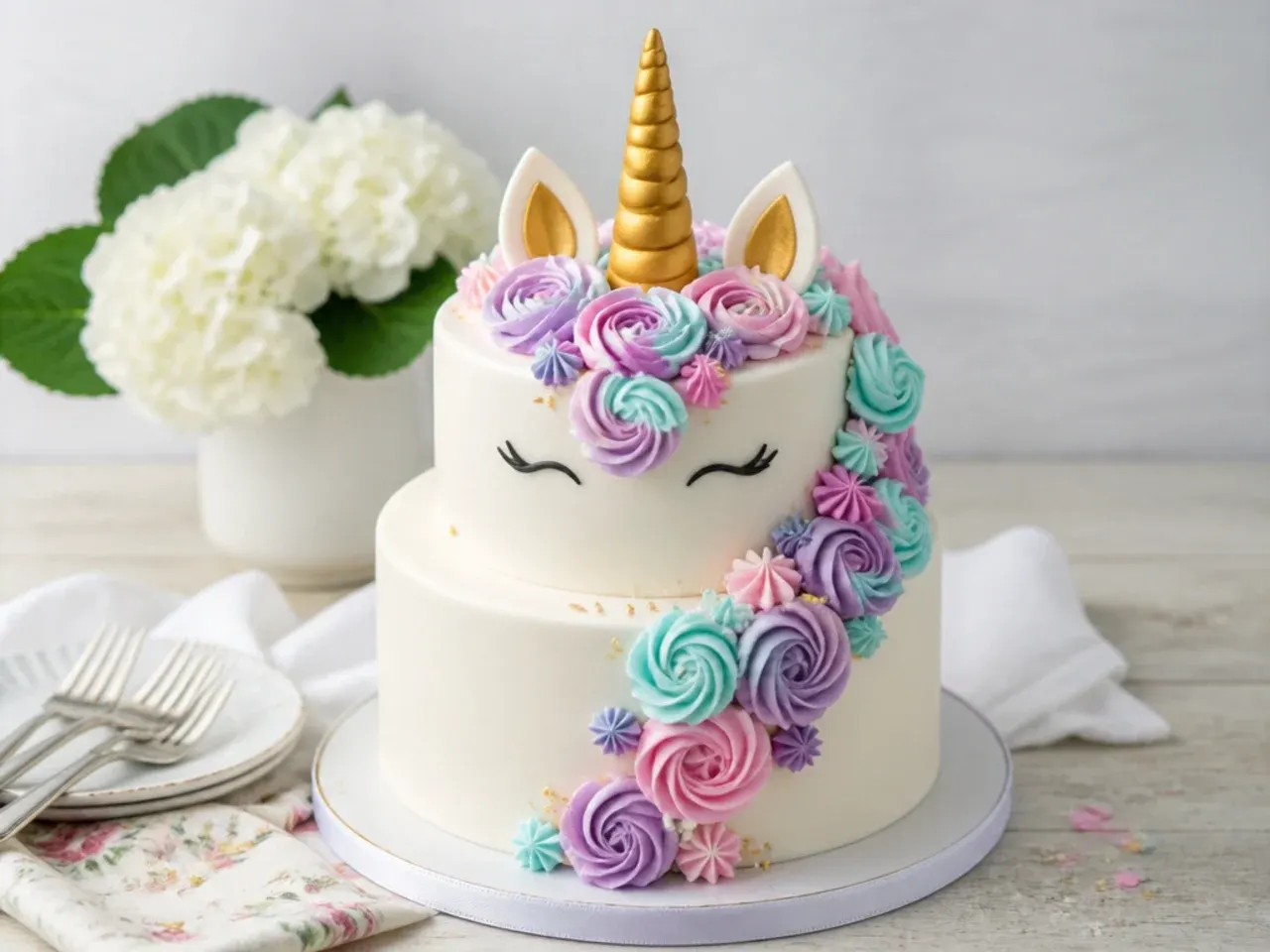 Modern two-tier unicorn celebration cake with mane cascading between tiers