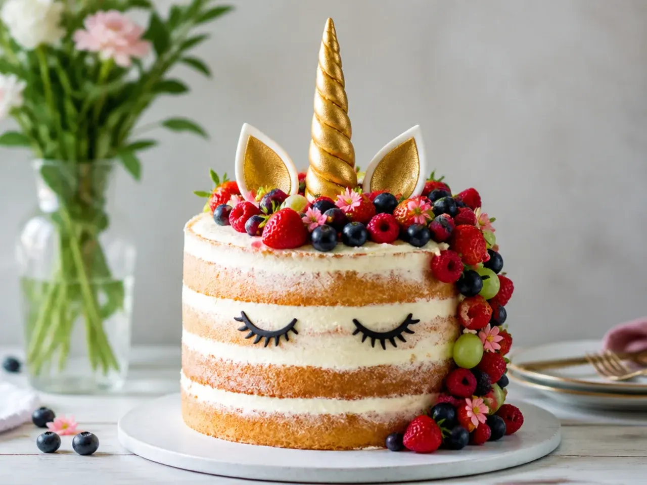 Rustic naked unicorn cake with visible sponge layers and fresh berry mane