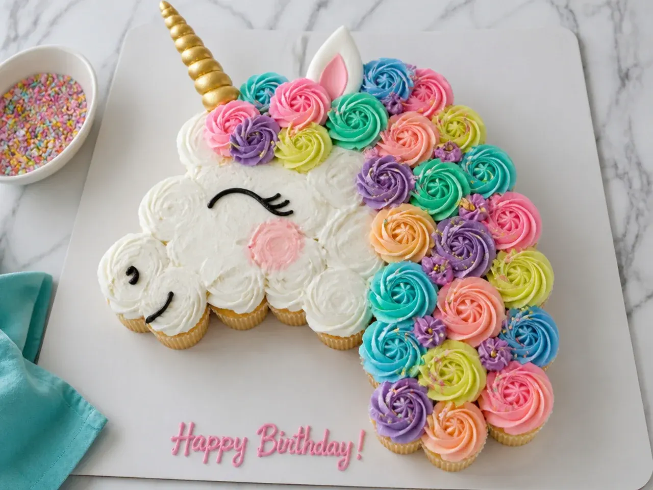 Colorful pull-apart cupcake unicorn cake arranged in a unicorn head shape