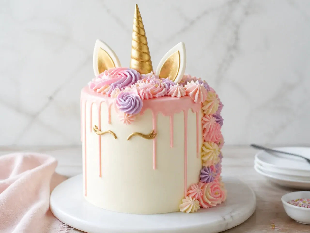 Minimal pastel drip unicorn cake with a soft pink white-chocolate drip