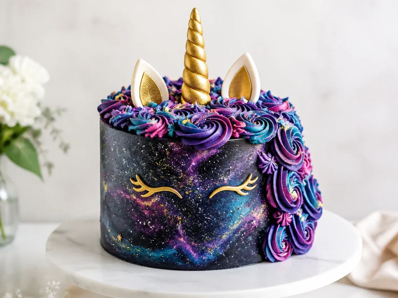 Festive galaxy unicorn cake with a starry midnight body and jewel-toned mane