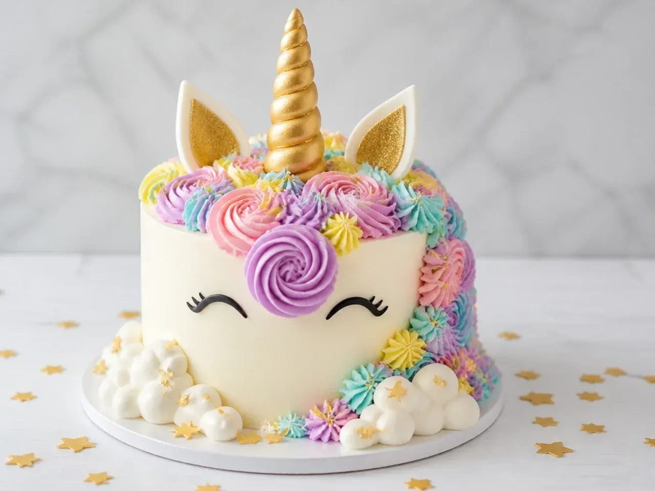 Whimsical unicorn cake surrounded by piped clouds and scattered gold stars