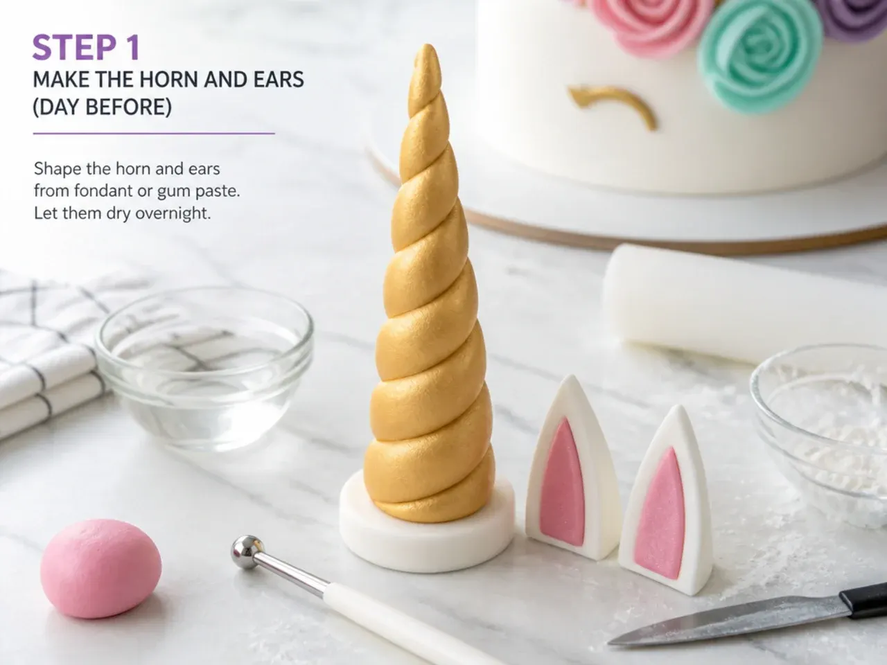 unicorn cake designs — step 1: make the horn and ears (day before)